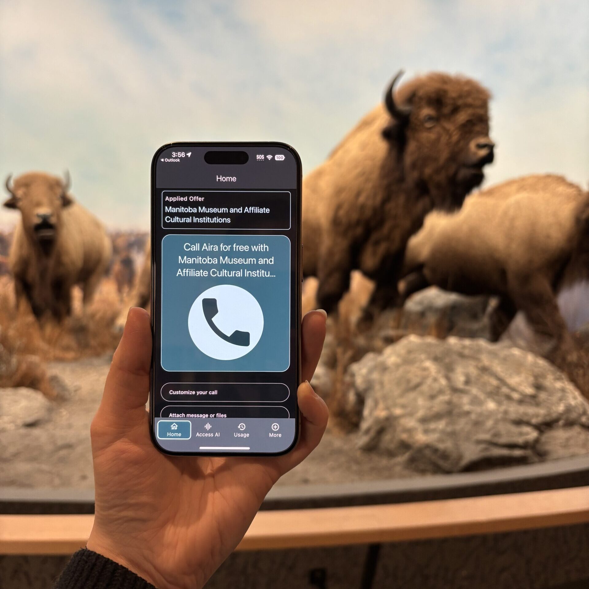 A hand holding a cellphone out in front of the iconic bison diorama in the Manitoba Museum Welcome Gallery. The phone screen is in focus with the Aira app open and text above a telephone symbol reading, "Call Aira for free with Manitoba Museum and Affiliate Cultural Institutions".