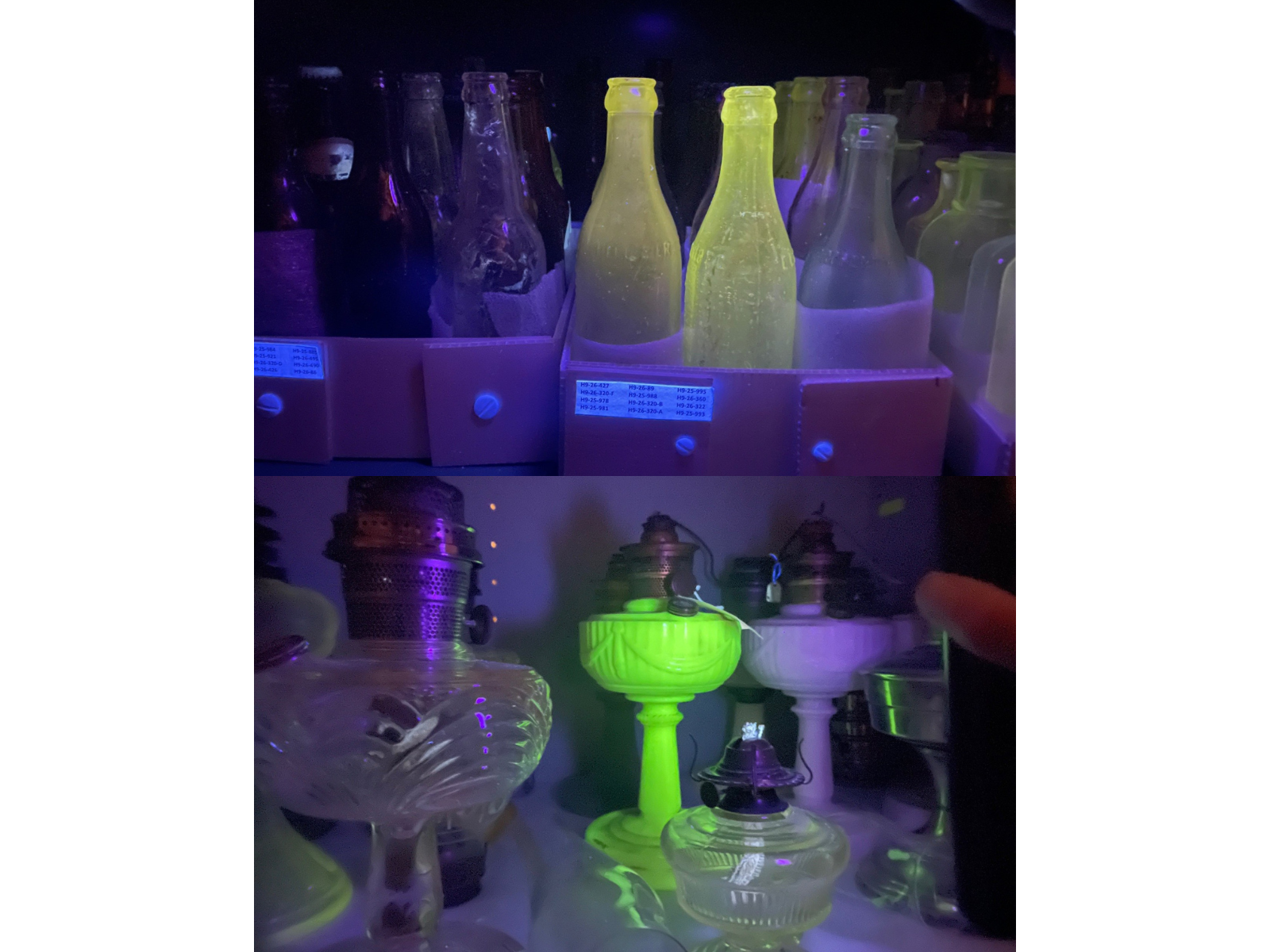 Two photos, one above the other. Top, glass bottles in a storage container, the centre two glowing yellow under a black light. Bottom, glass lamp bases on a museum collections storage shelf, one of which glows a vibrant yellow-green under a black light.