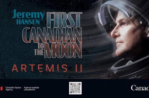 A promotional image from the Canadian Space Agency and Government of Canada promoting Jeremy Hansen as the first Canadian to the Moon on the Artemis II mission. On the right is a profile view of Jeremy Hansen in his space helmet and space suit.