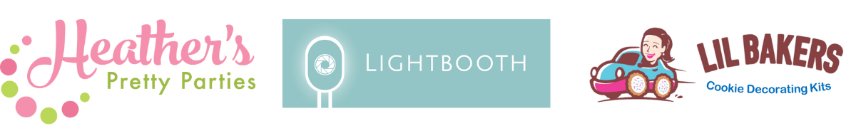 Logos of Heather’s Pretty Parties, LightBooth, and LIL Bakers.