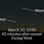 The thin crescent Moon and Venus are visible on March 20, 2026 about 30-45 minutes after sunset. Image created using DIGISTAR.
