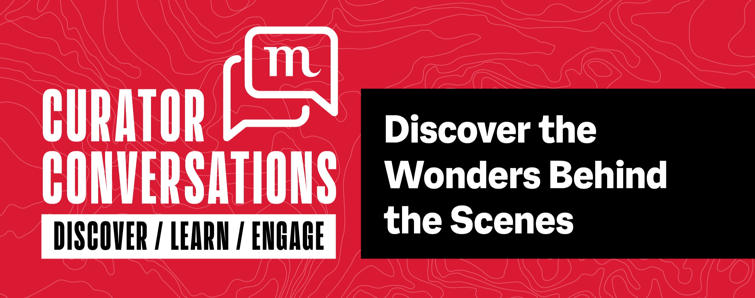 Word graphic for Curator Conversations at the Manitoba Museum. Below the title, on a red background, text reads, 