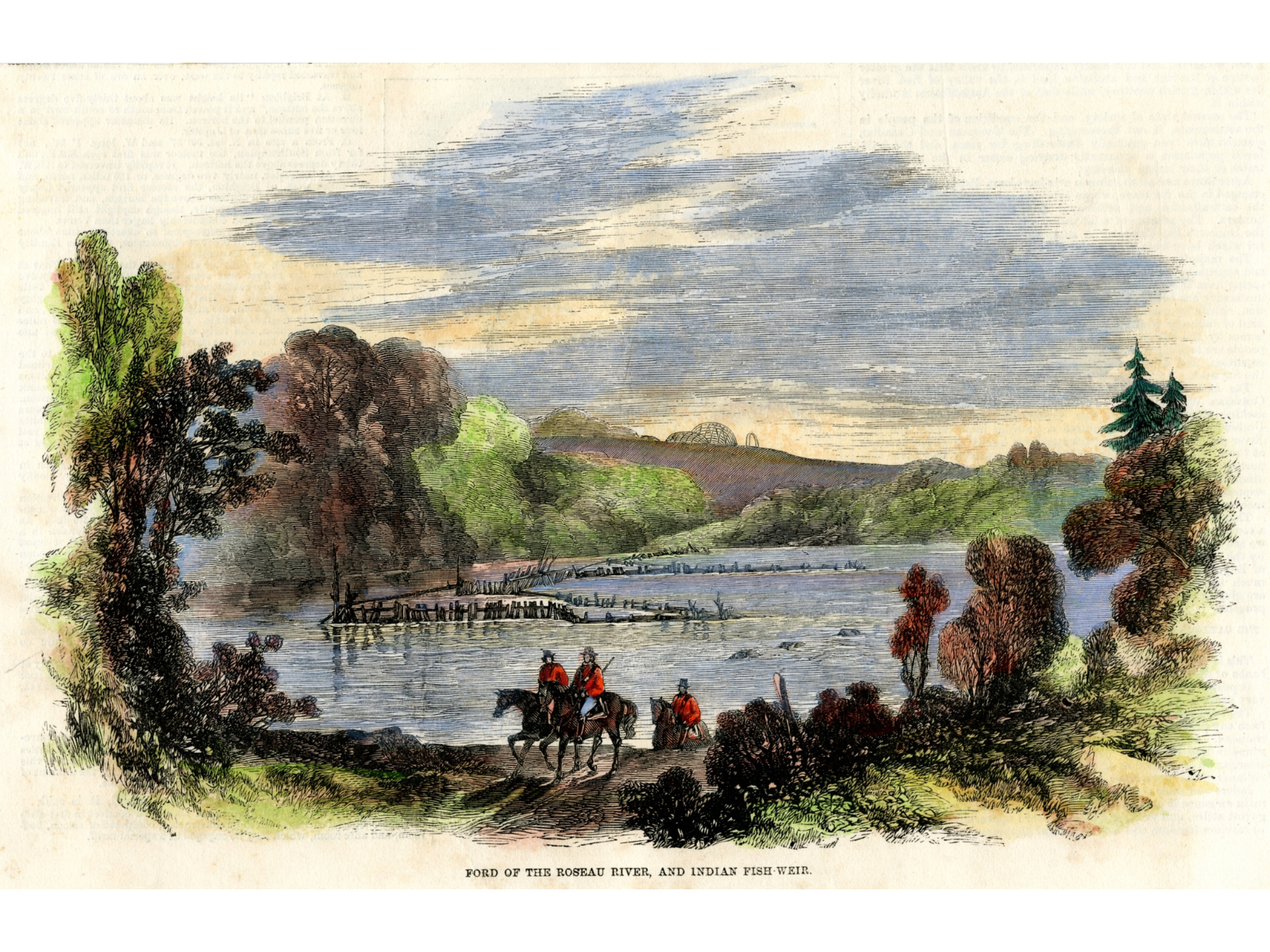 A coloured illustration showing three riders wearing red coats, all on horse back, riding up the bank of a river. In the midst of the river fences have been erected in a V-like shape.
