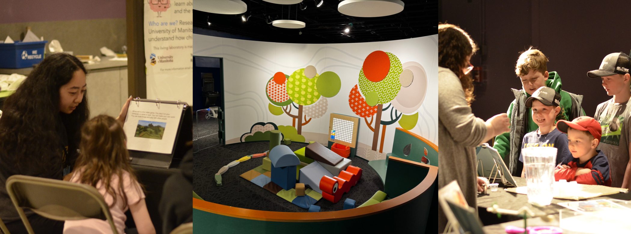 Three photos side by side. From left, an adult seated beside a child working on a reasoning activity with a flip-book. Centre, an enclosed soft play area for young visitors to the Science Gallery. Right, children gathered around a table watching with smiles as a Museum staff person conducts a science demonstration.