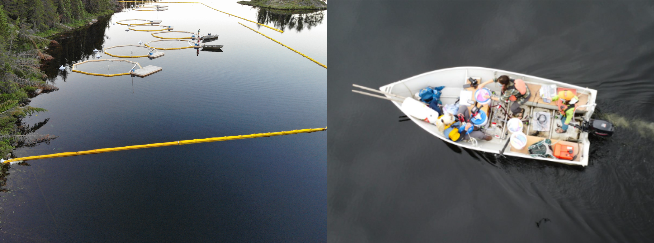 Two photographs side by side. On the left view of a portion of lake next to wooded shore separated into sections with floating yellow barriers. On the right, looking down on a small motor boat packed with supplies moving across a body of water.