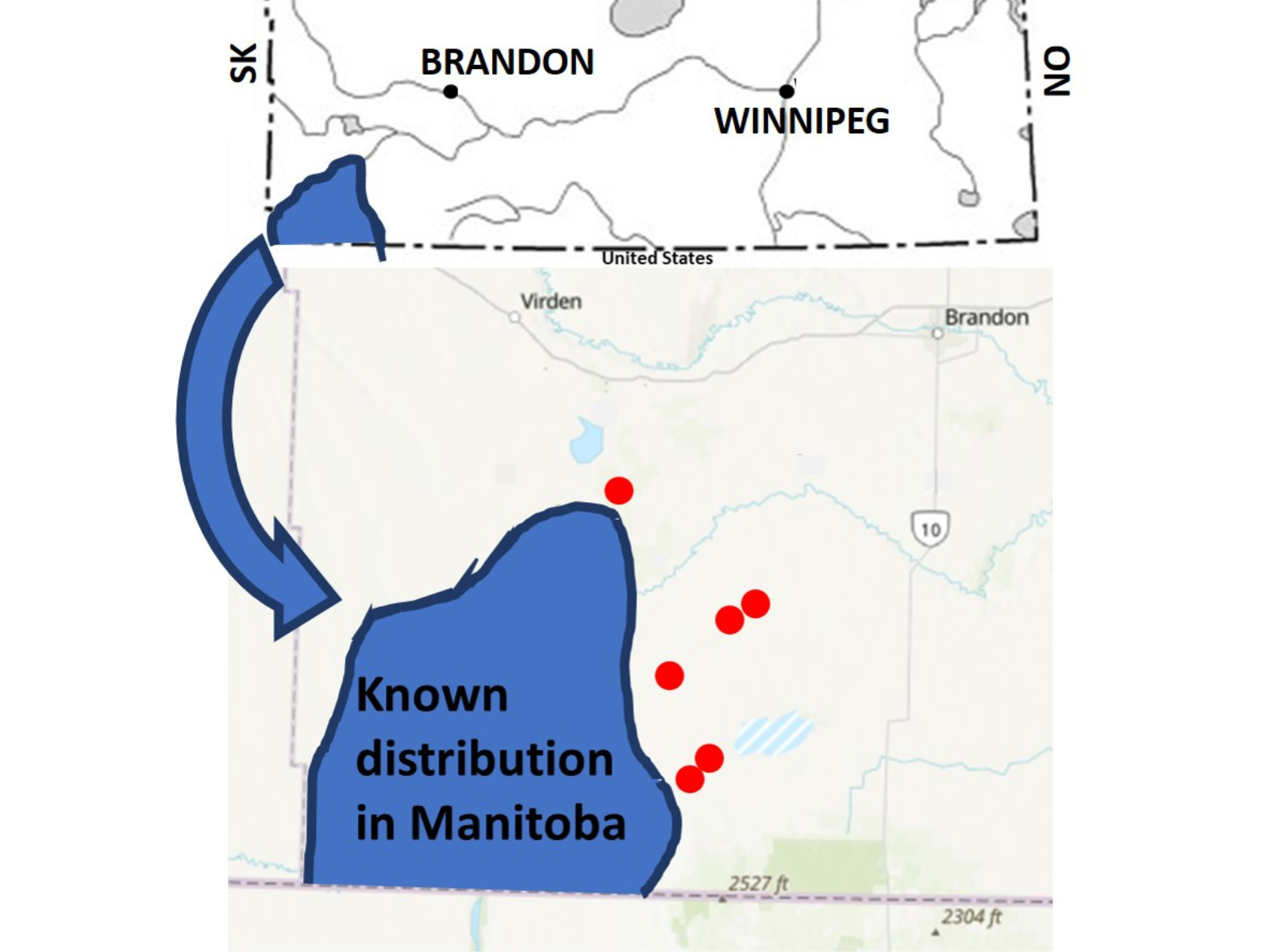 A two-part map with the upper portion showing the lower portion of the province of Manitoba with a blue section highlighted in the lower left corner. Below, a close up of the area around the blue section with six red dots outside the eastern perimeter.