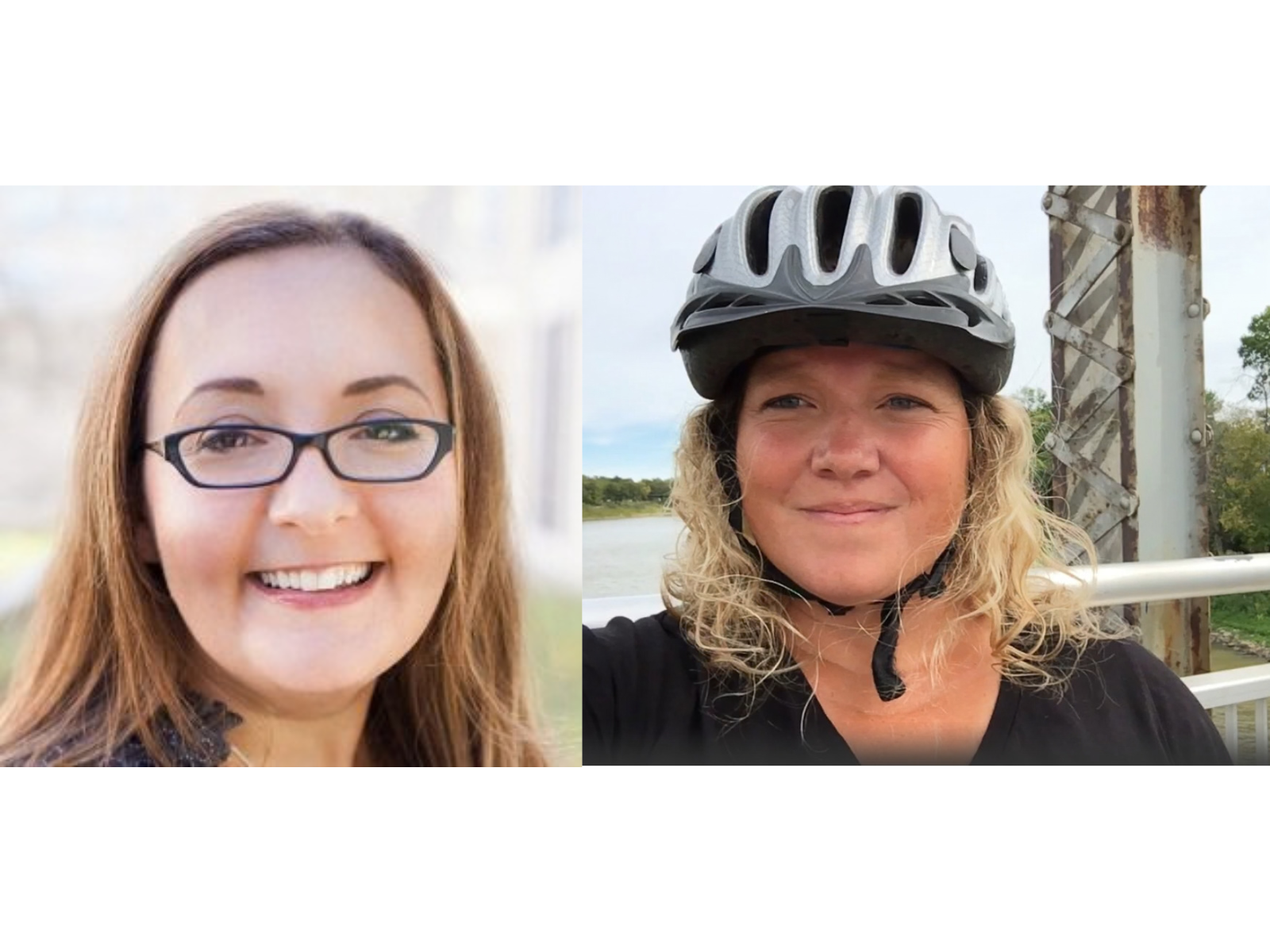 Two headshots. On the left, a photo of a smiling woman with straight brown hair and glasses. On the right, a selfie of a smiling woman with wavy blonde hair wearing a bike helmet.