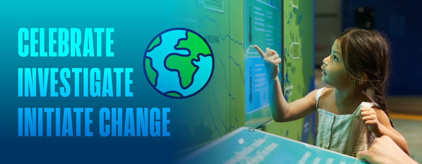 A promotional image for Earth Days at the Manitoba Museum. On the right side is an image of a child engaging with a digital display in the Science Gallery. On the left side, next to an illustration of a globe, text reads, 