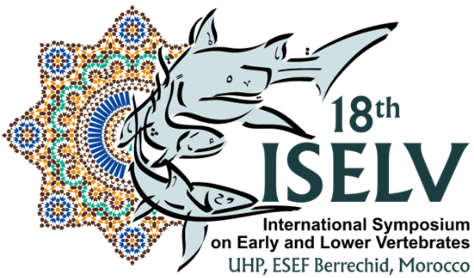 Logo for the 18th ISELV, International Symposium on Early and Lower Vertebrates in UHP, ESEF Berrechid, Morocco. To the left of the text is an illustration of a colourful tile pattern and three fish of varying sizes.