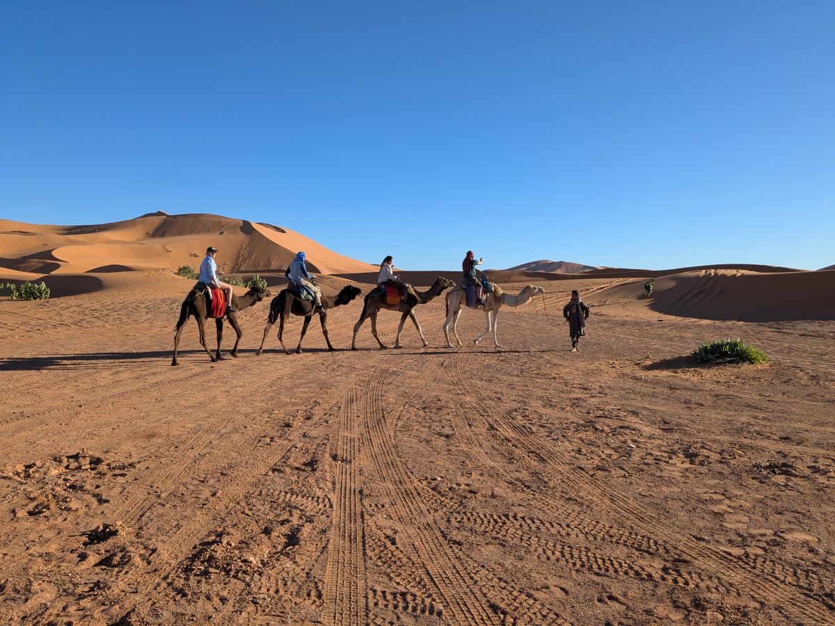 Four camels with riders walking across the flat area in front of the camera. A person on foot leads the first camel.