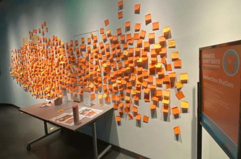 A large number of orange sticky notes on a white wall in front of a table with writing utensils and blank notes.