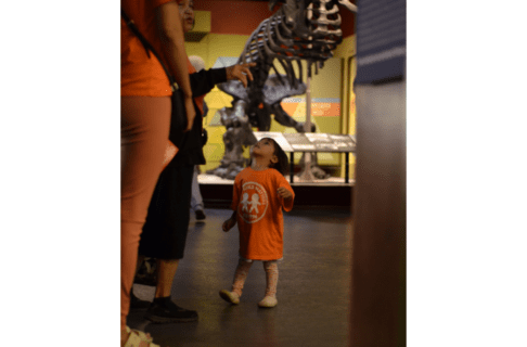 A young child wearing an oversized orange shirt looks up at the adults with them and the specimens displayed in the ceiling of the Earth History Gallery.