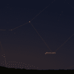 Comet 2025R3 (MAPS) as seen from near 50 degrees latitude at 5:15 am local time on April 19, 2026. The view faces east-northeast.