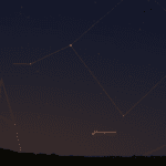 Comet 2025R3 (MAPS) as seen from near 50 degrees latitude at 5:15 am local time on April 20, 2026. The view faces east-northeast.