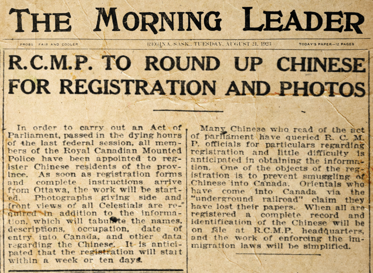 A newspaper clipping from "The Morning Leader" newspaper in Regina. The headline reads, "R.C.M.P. to round up Chinese for registrations and photos".