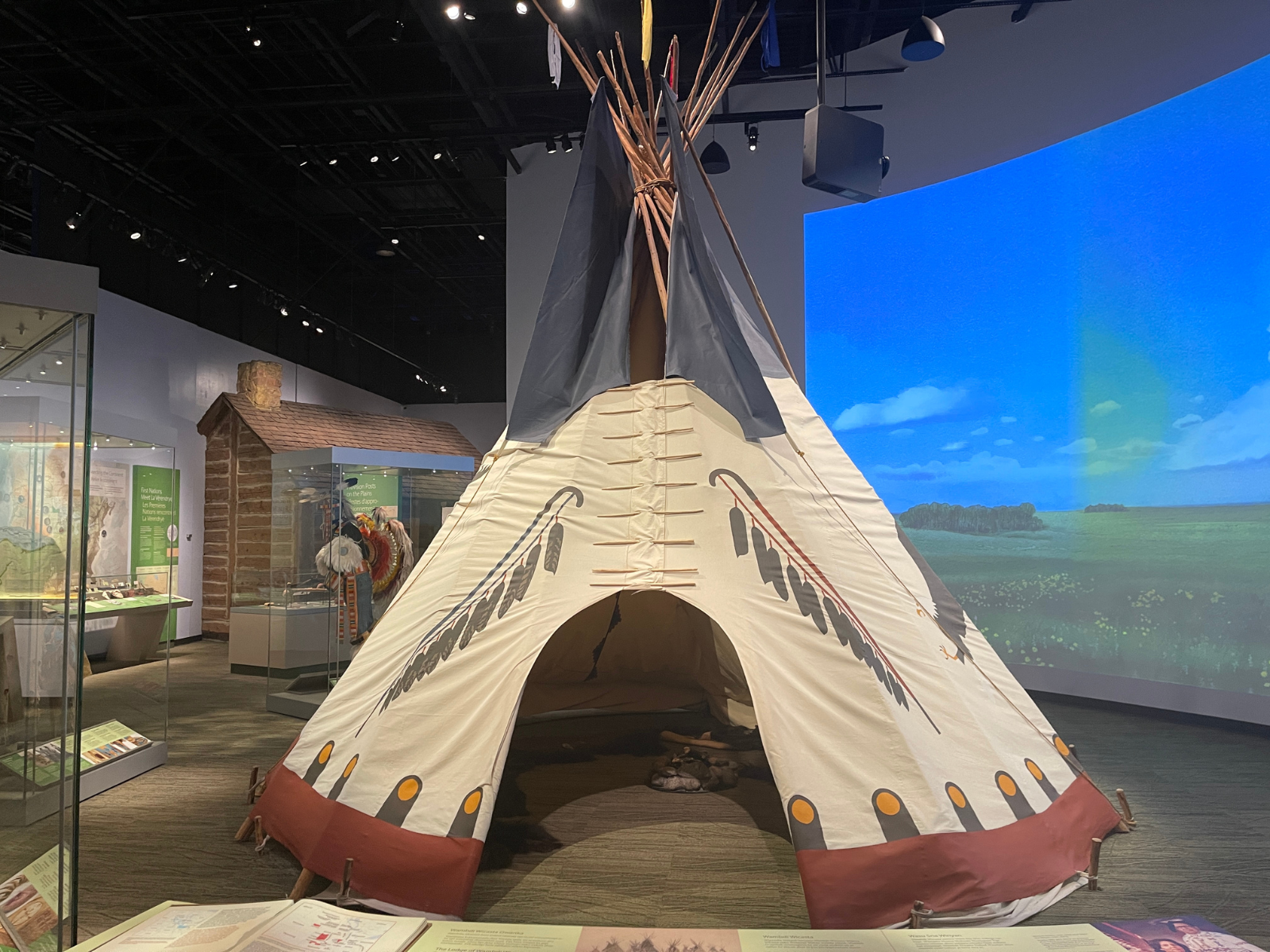A full-sized tipi set up in the centre of a Museum Gallery with a digital mural of a open grassy plain behind it.