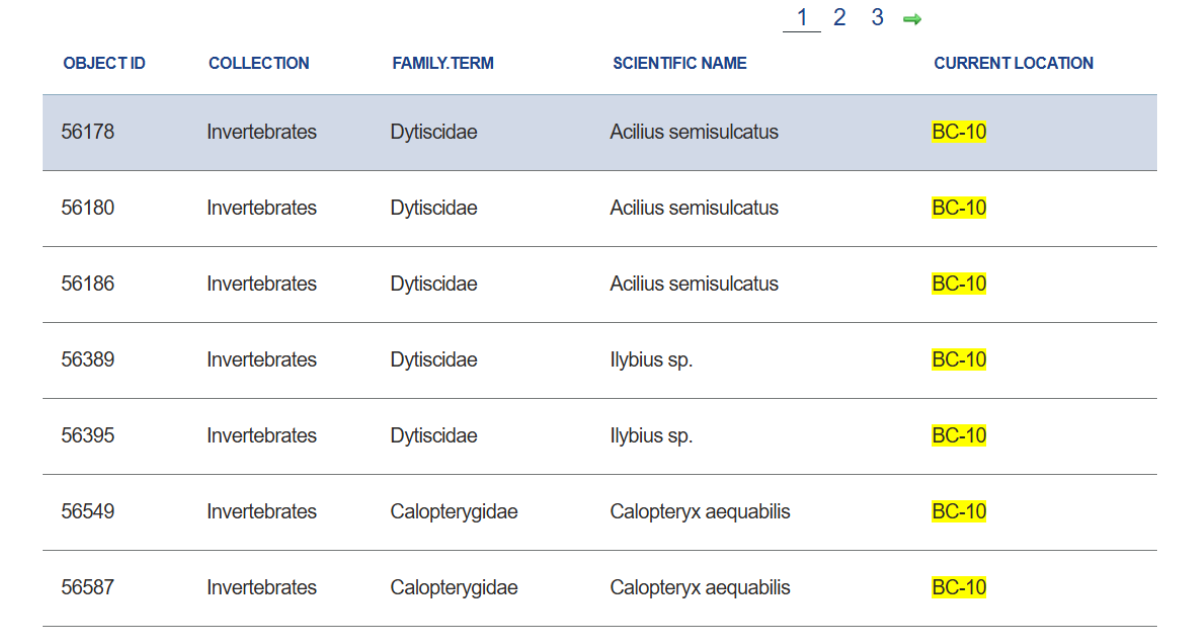 Screenshot of databse search results for a location code of BC-10, offering results including Acilius semisulcatus, Ilybius sp., and Calopteryx aequabilis.