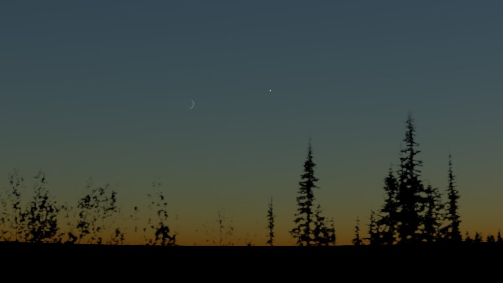 The Moon and Venus are low in the western sky on July 17, 2026, just after sunset. Image created with Digistar.