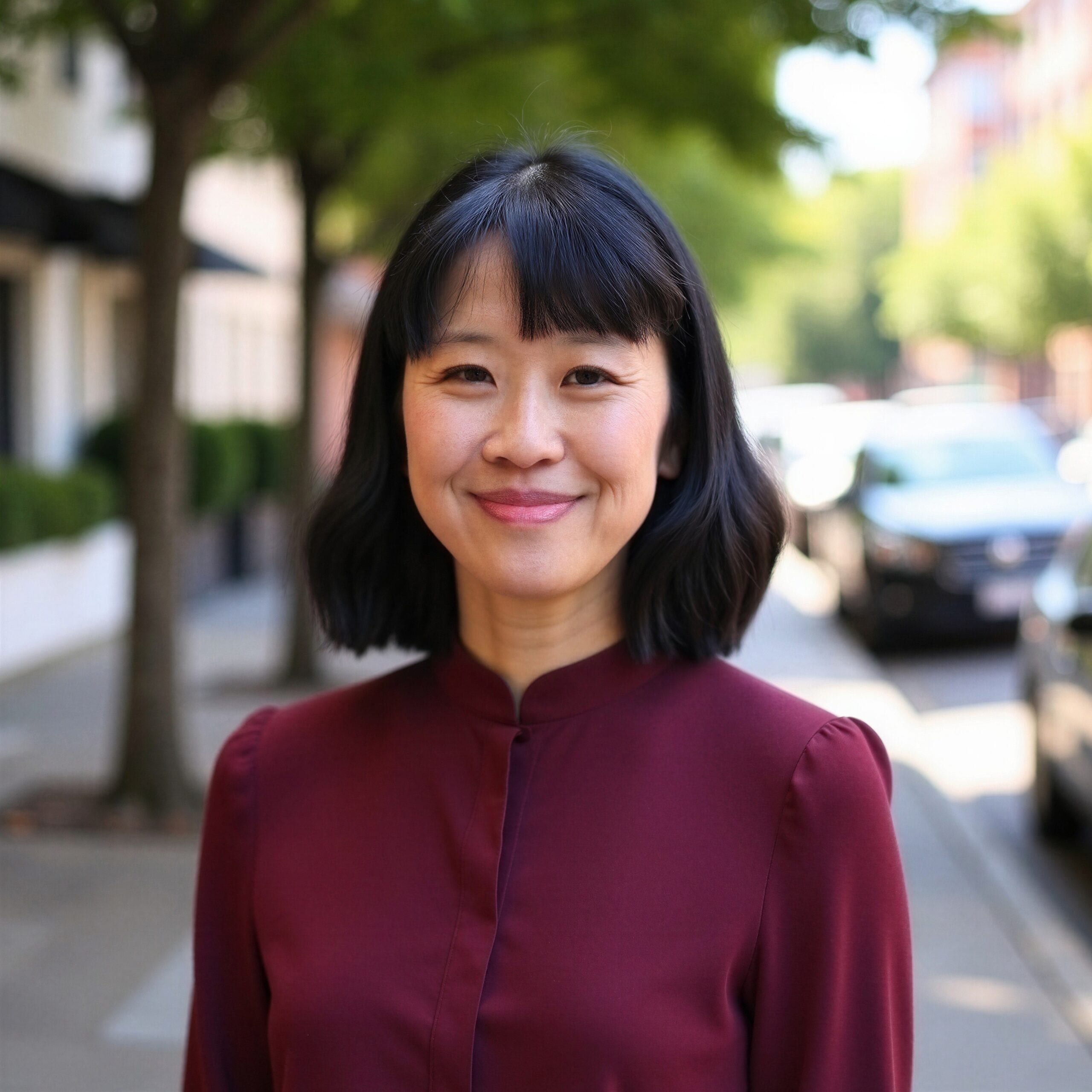 Headshot of a smiling woman with dark shoulder-length hair and bangs, wearing a maroon button-up blouse. Photo is outdoors with a tree-lined sidewalk and parked cars blurred in the background.