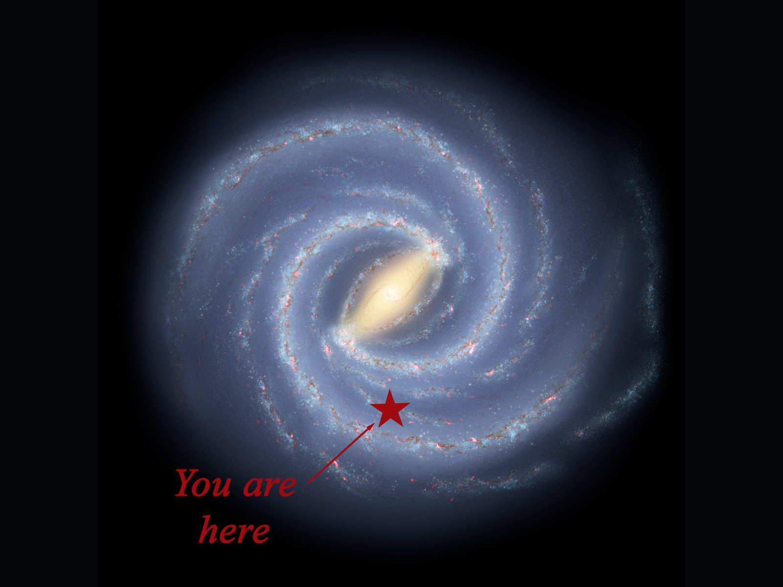 An image of the swirl of the Milky Way wth a bright yellow centre and swirling blue "wings". A red star illustration is labelled "You are here.".