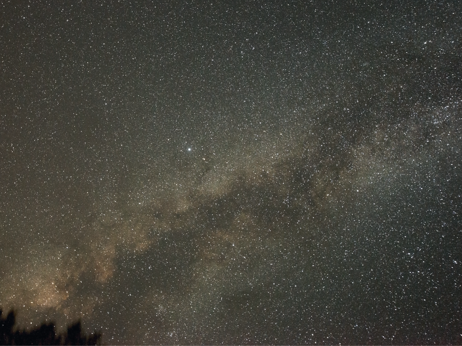 Photo taken looking up into the Milky Way from the ground below. A hazy band of light and stars stretching across the night sky.