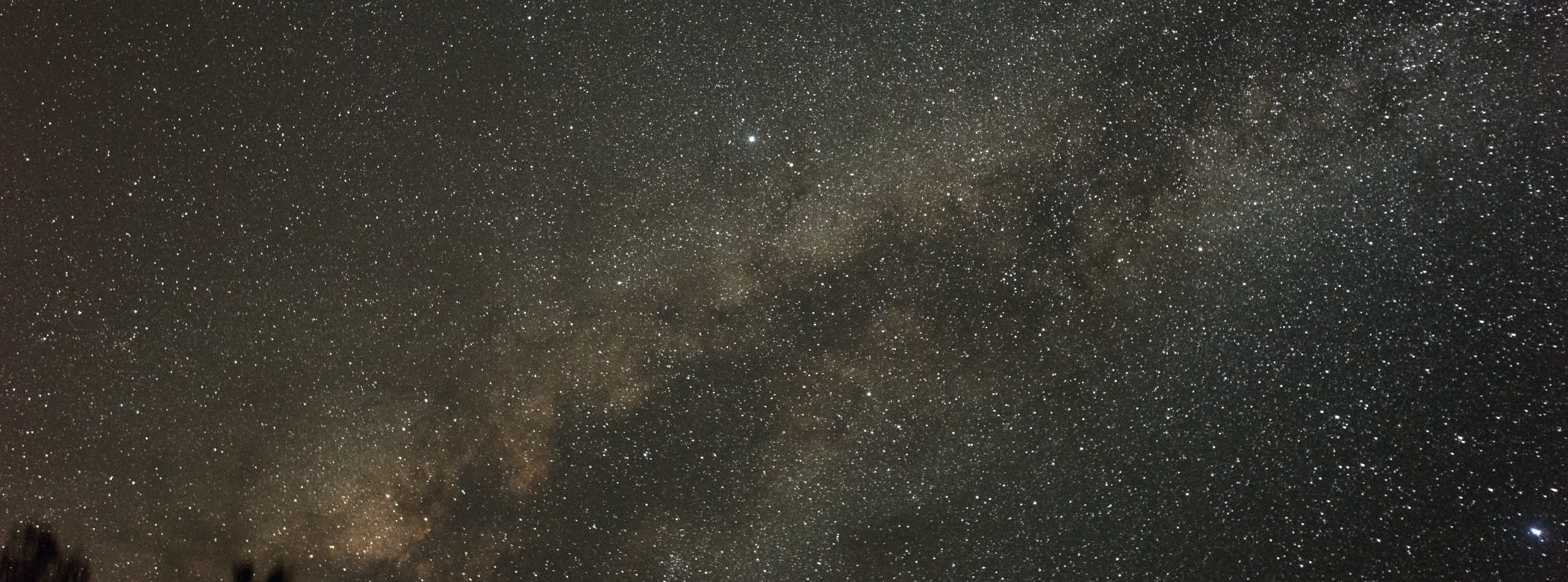 Photo taken looking up into the Milky Way from the ground below. A hazy band of light and stars stretching across the night sky.